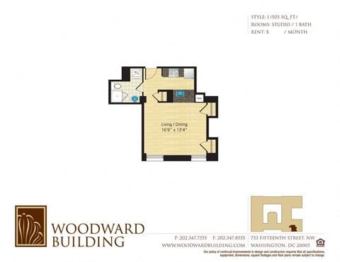 Floor plan for studio, 1 bath, 505 sqft